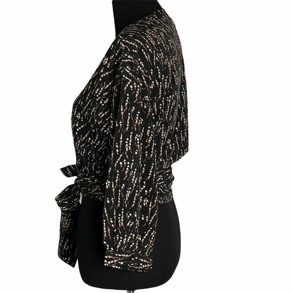 Anama Women's Black V Neck Balloon‎ Sleeve Floral Ditsy Print Wrap Top SZ M - Picture 3 of 12